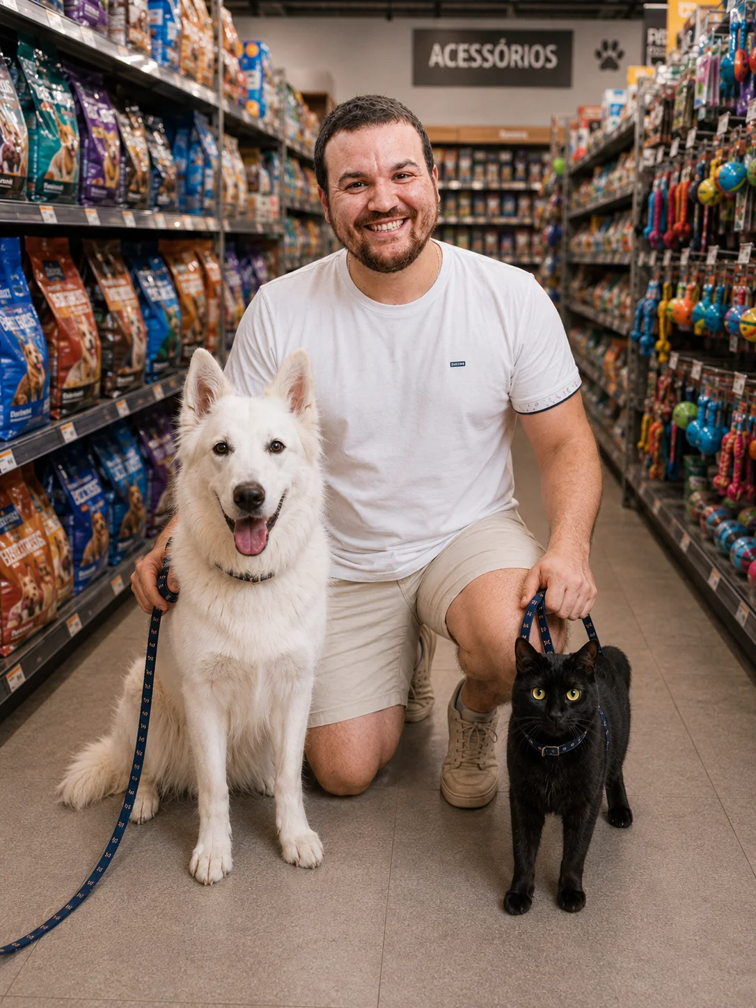 Victor Costa with a white dog and a black cat in a cart