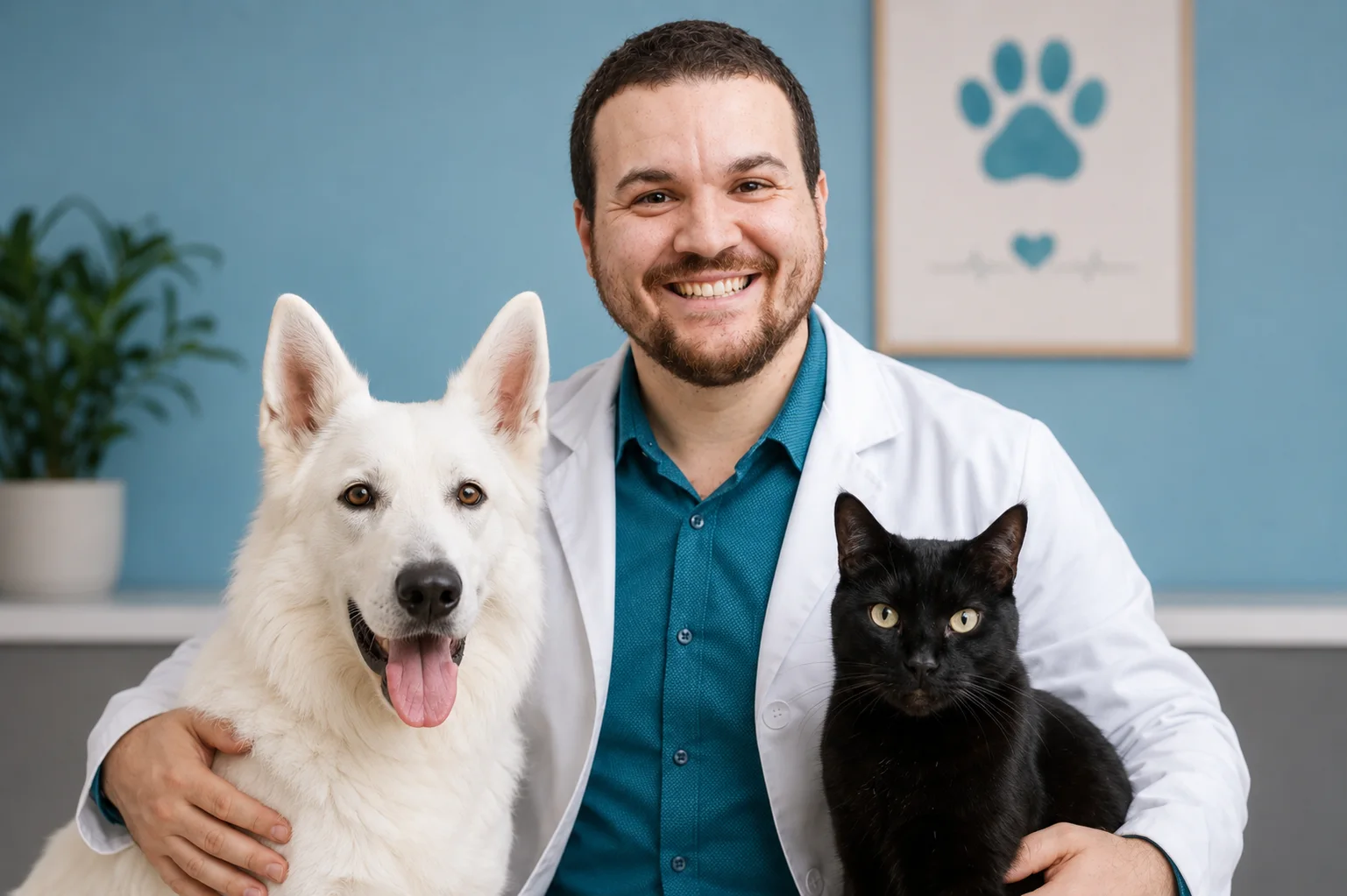 Victor Costa de jaleco com um cão branco e um gato preto